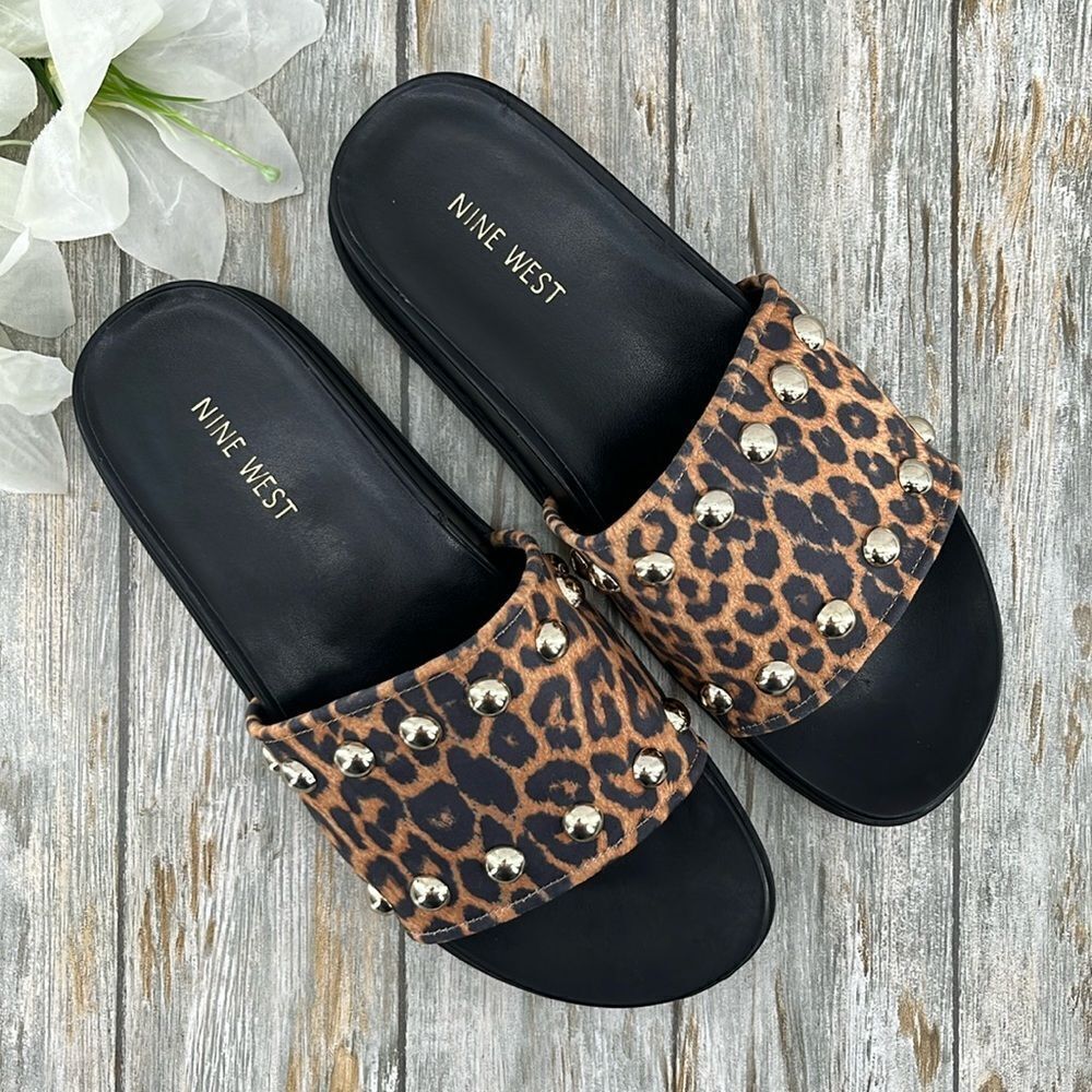 Women’s Leopard Print Studded Slides Sandals Shoes Size 9.5